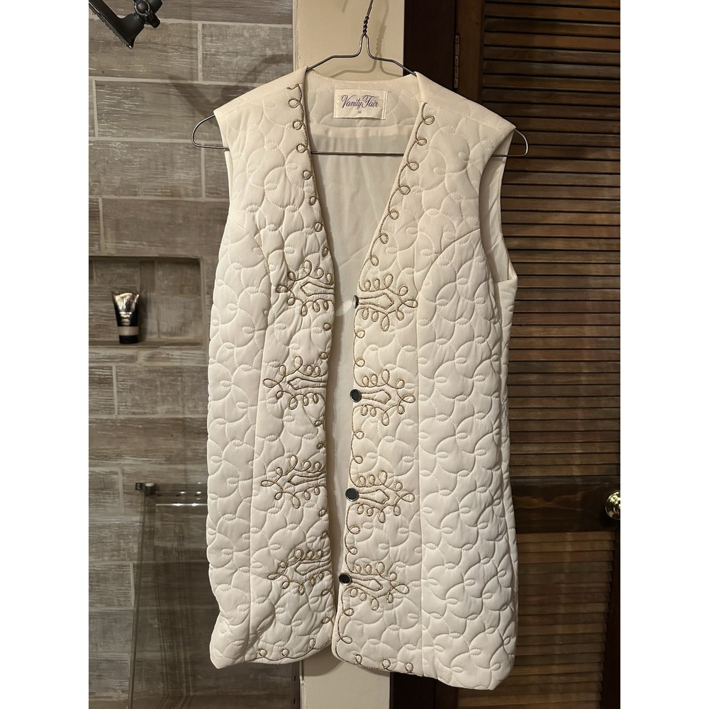 70s Vanity Fair Quilted White Long Vest Sz 10 Vintage